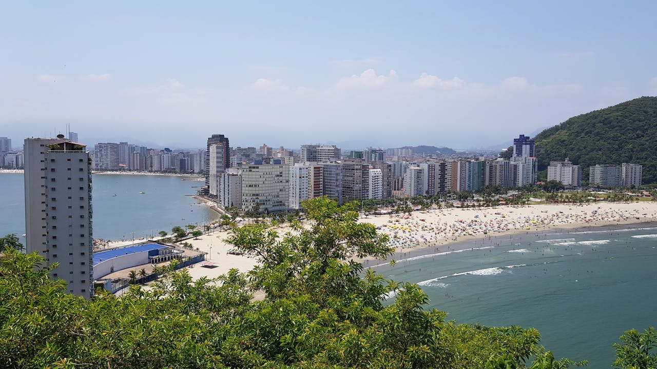 Santos Brazil skyline with beach, coastline and high-rise buildings along the shore